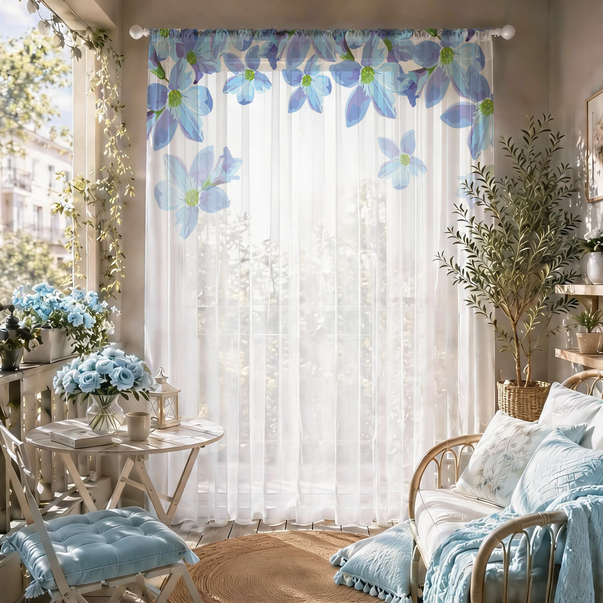 Good Floral & Wedding Decor Supply - Blue Floral Gradient Sheer Curtain, Good